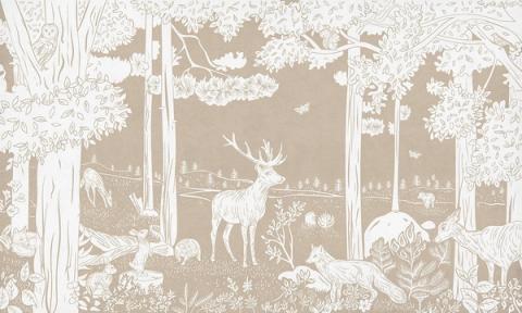 A quiet forest of slender trees with a stag at its heart and small animals in the undergrowth, printed as a single gentle tone. Printed in a single tone of warm brown. The soft, almost misty finish keeps a whole wall feeling restful rather than busy.