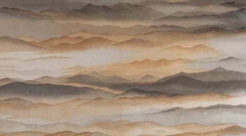 Warm sand and apricot ridges layered under a soft haze. The gentlest way into this range, and the easiest beside wooden furniture.