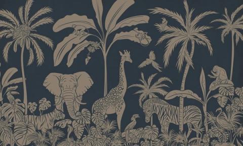 Palms, elephants, giraffes and other jungle animals massed into a tonal silhouette, layered from a darker sky down to a light forest floor. Printed in a muted, vintage blue. Detailed up close, yet soft enough to sit quietly behind a cot.