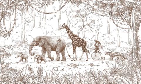The same engraved parade of elephants, giraffes and a small cyclist, drawn in warm sepia brown. It reads softer than the black and white, like an old book plate.