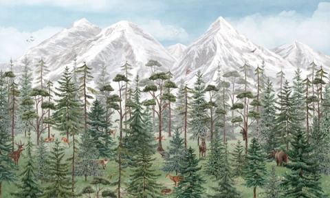 A pine forest rises toward snow-capped mountains, with a bear among the trees. Cool and open, it brings a sense of fresh mountain air.