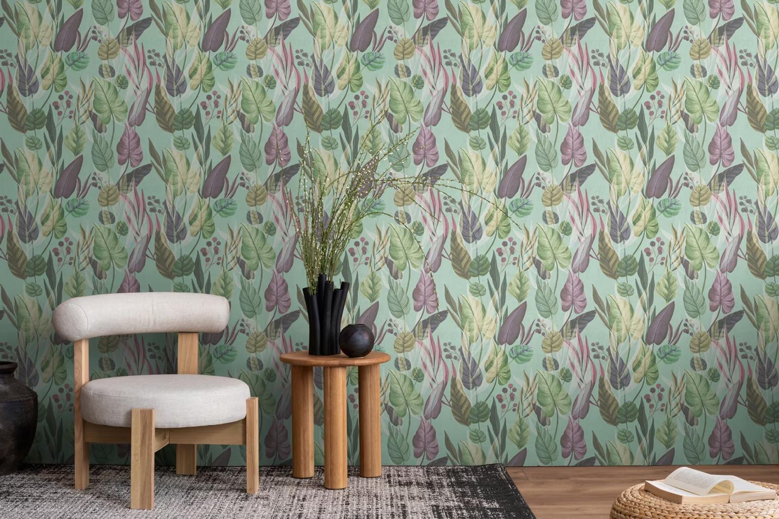 Anna d'Andrea turquoise foliage wallpaper in a Bangkok interior