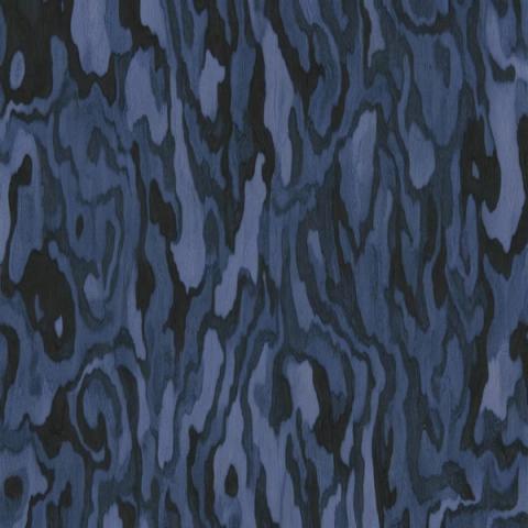 The swirling figure of burl wood, rendered in indigo and midnight blue. Dense and tactile, it turns a whole wall into one continuous surface.