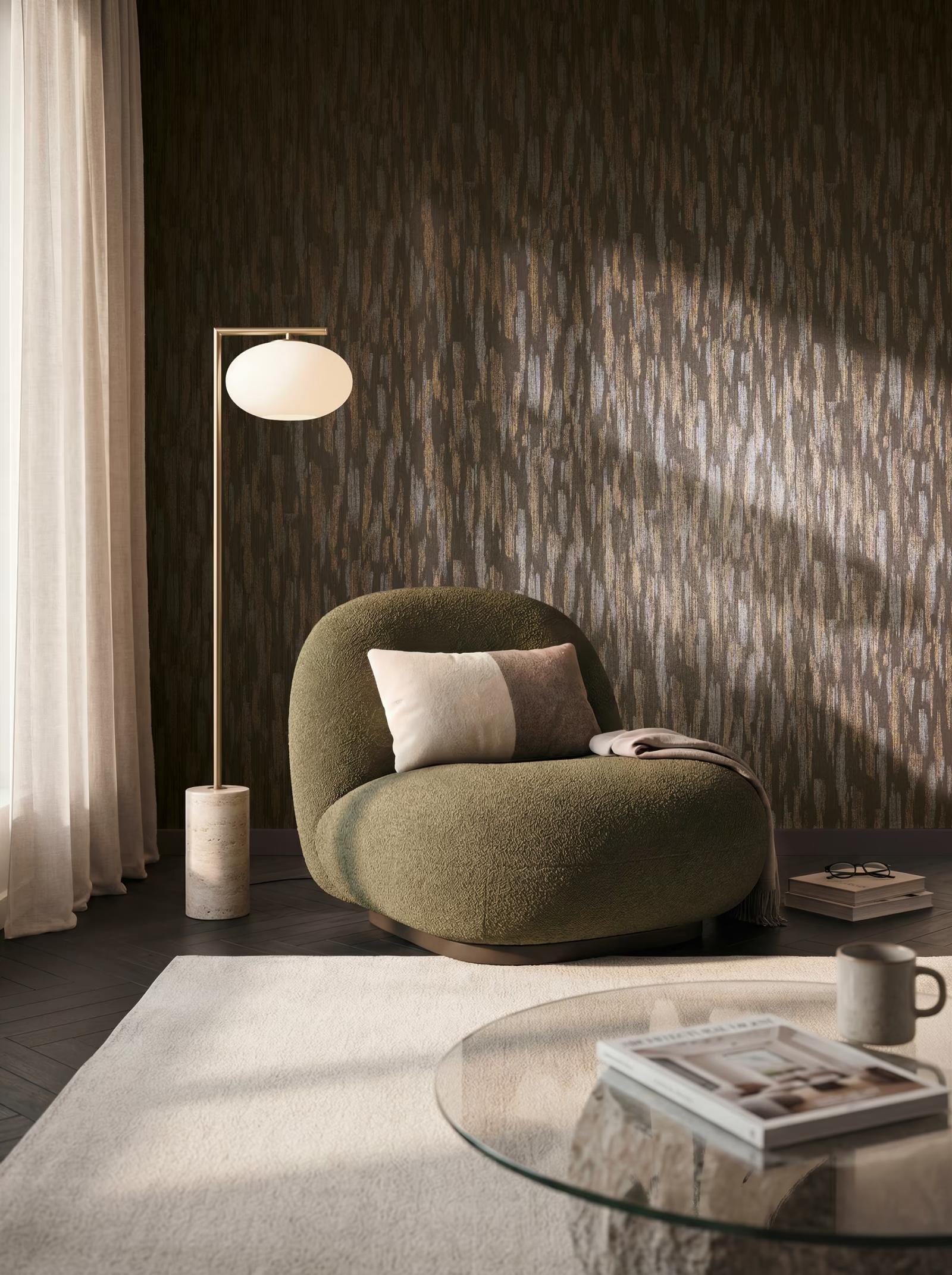 Brown Stripe wallpaper behind an olive bouclé armchair
