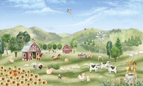 Barns, a windmill and farm animals across rolling green hills and sunflowers.