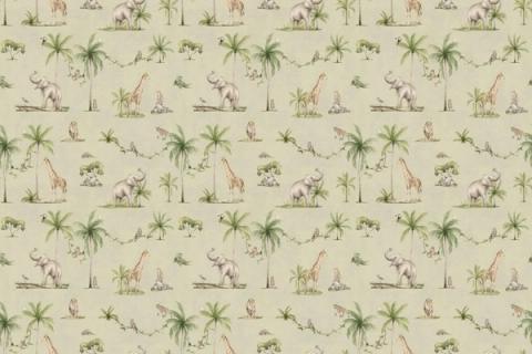 Palms, giraffes and cheerful jungle animals in a small repeat, here on a sage green ground. As a true repeat it tiles to fit any wall, whether as an all-over nursery paper or a single feature panel.