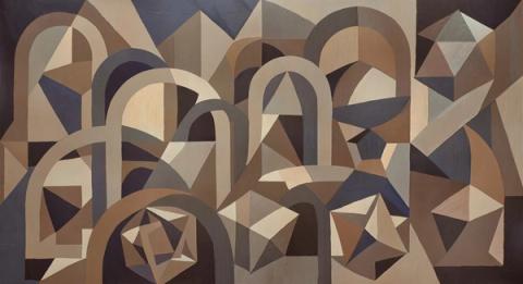 Repeating arches and faceted diamonds in sand, clay and slate, arranged with an even, steady rhythm. It gives a plain corridor something to do.