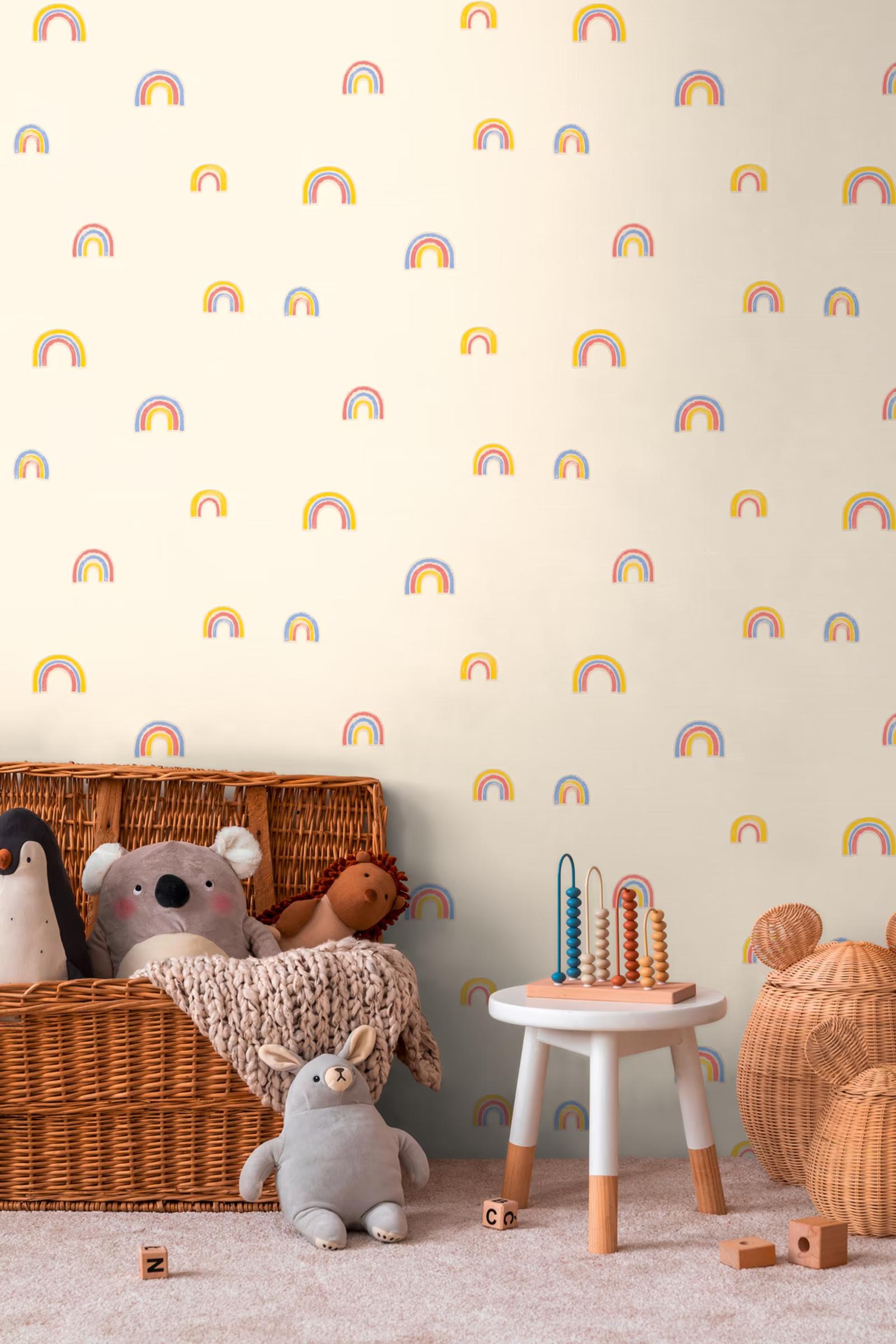 Ivory Rainbow wallpaper above a wicker toy chest