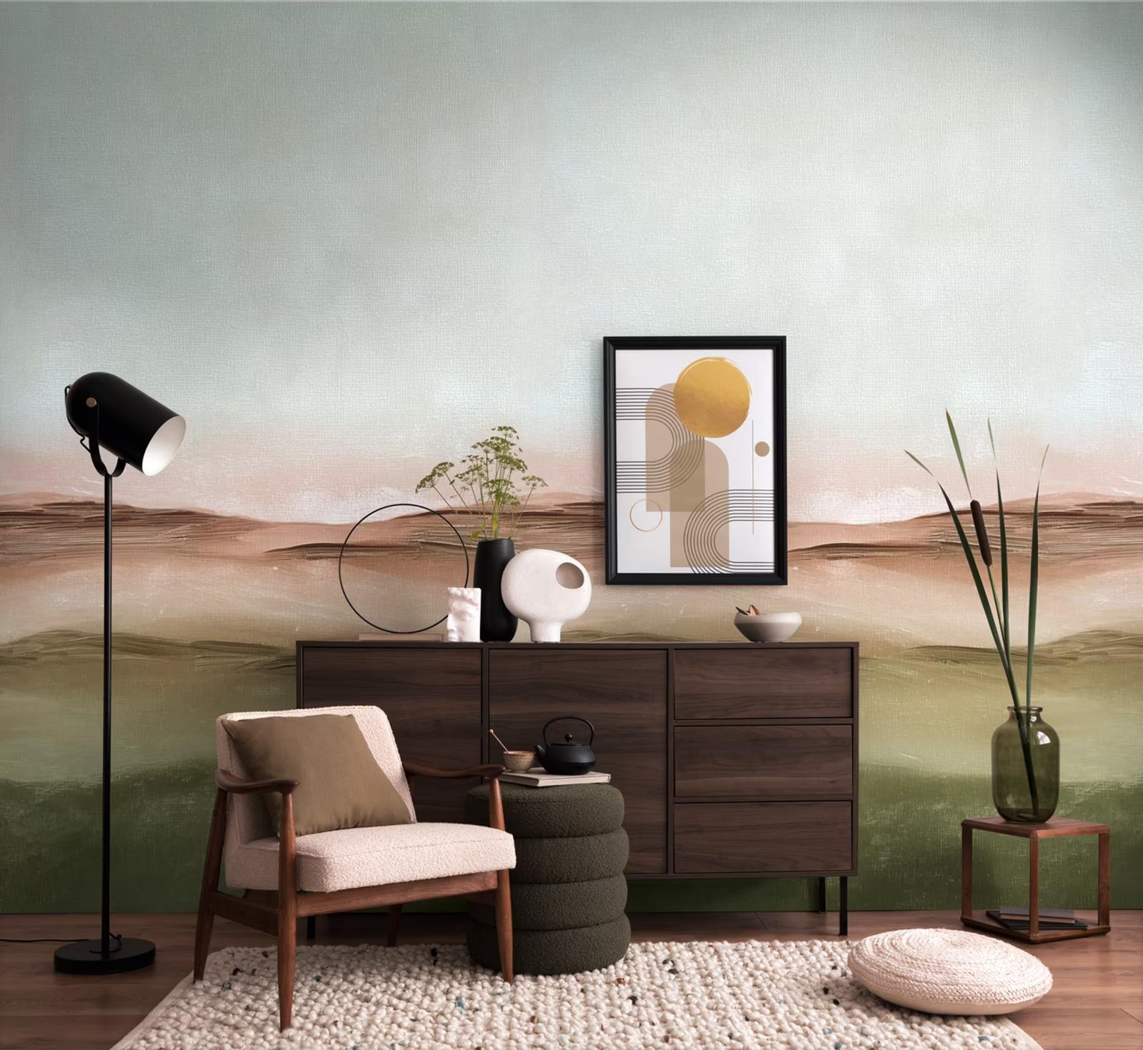 Dusk Horizon design panel behind a dark sideboard and armchair