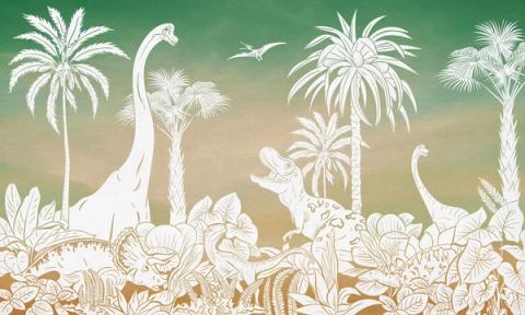 Long-necked dinosaurs wander among tall palms and ferns, drawn as a soft tonal silhouette that fades from a deeper sky into a paler foreground. Printed in gentle green, with a softly coloured sky behind. A calm, graphic take on a prehistoric world — grown-up enough to outlast the dinosaur years.