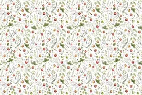 Strawberries, blossom and small animals in a fresh design. As a true repeat it tiles to fit any wall, whether as an all-over nursery paper or a single feature panel.