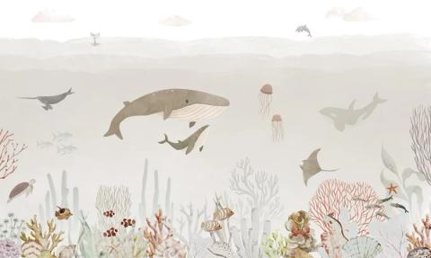 A great whale and her calf glide over a coral reef with rays and turtles.