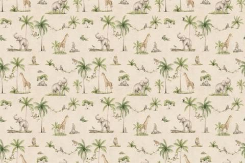 Palms, giraffes and cheerful jungle animals in a small repeat, here on a sandy ground. As a true repeat it tiles to fit any wall, whether as an all-over nursery paper or a single feature panel.