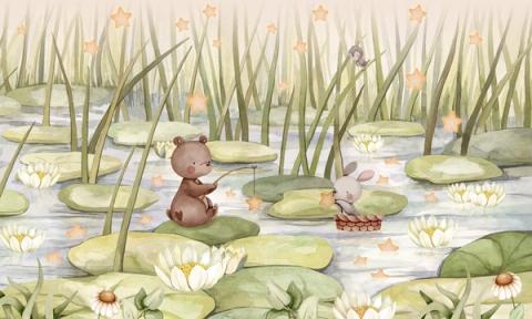 A bear and a rabbit fish for falling stars among lily pads and reeds.