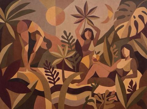Figures and leaves gather beneath a low sun, the whole scene held in rust, clay and deep green. There is a slow, unhurried warmth to it that works well in a living room.