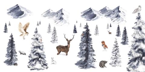 Snowy mountains and pines with a stag and an eagle in cool blues and greys. Crisp and still, like a clear winter morning.