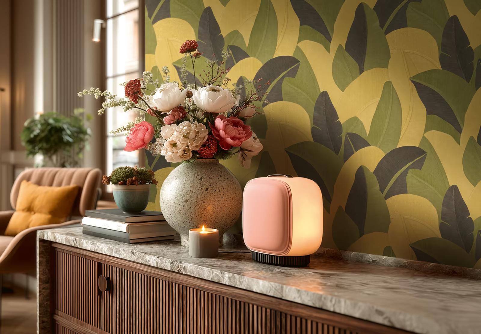 Vibes & Styles ochre banana leaf wallpaper in a Bangkok interior