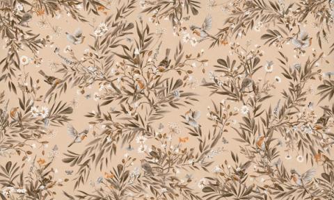 Robins and other small birds rest among ferns and slender foliage, drawn as a soft repeating spray. Shown in a softened vintage beige palette. Gentle and green, it suits a nursery that leans natural rather than bright.