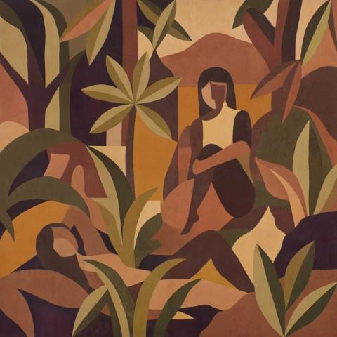 Figures rest among broad leaves in ochre, olive and burnt orange, painted in flat, confident shapes. Warm and enveloping, it suits a room you want to feel lived in.