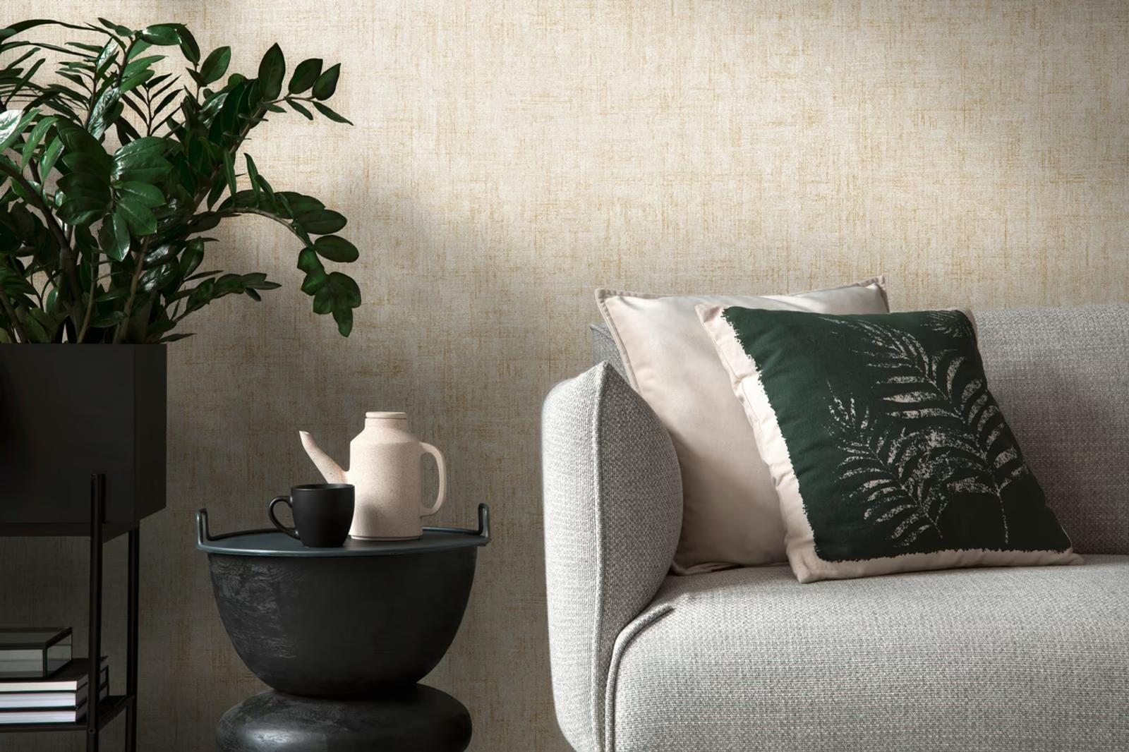 Champagne Linen wallpaper behind a linen sofa with cushions