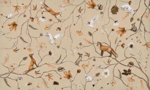 Foxes, owls and little birds scattered among fine branches and wildflowers in a light, hand-drawn all-over design. Shown on a warm beige ground. Even and delicate across the wall, it dresses a room without crowding it.
