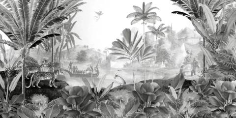 The jungle river drawn entirely in greys, from near-black leaves in the foreground to a pale, almost blank horizon. Graphic enough to hold its own against plain white walls.