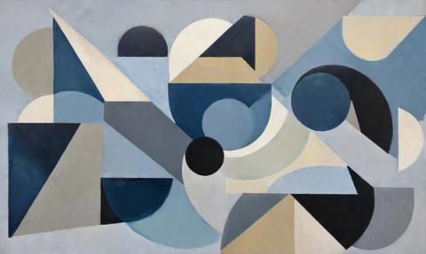 Circles and triangles overlap across the wall in blue, grey and bone, with a rhythm that keeps the eye moving. It brings energy to a hallway or a study.