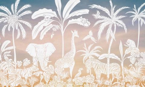 Palms, elephants, giraffes and other jungle animals massed into a tonal silhouette, layered from a darker sky down to a light forest floor. Printed in dusky pink, with a softly coloured sky behind. Detailed up close, yet soft enough to sit quietly behind a cot.