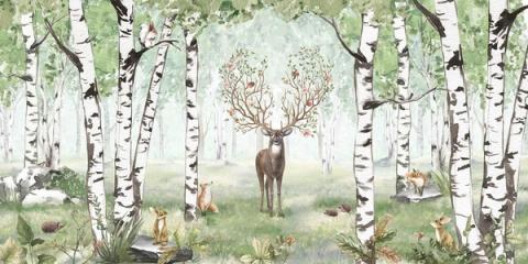 The same stag among birch trees, here in fresh summer greens with leaves full on the branches. Soft and airy, it suits a bright, calm nursery.