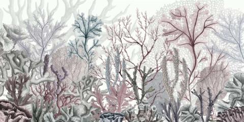 Corals and sea fans drawn like pressed specimens in blush, wine and pale blue on white. All the detail of a reef with none of its noise.