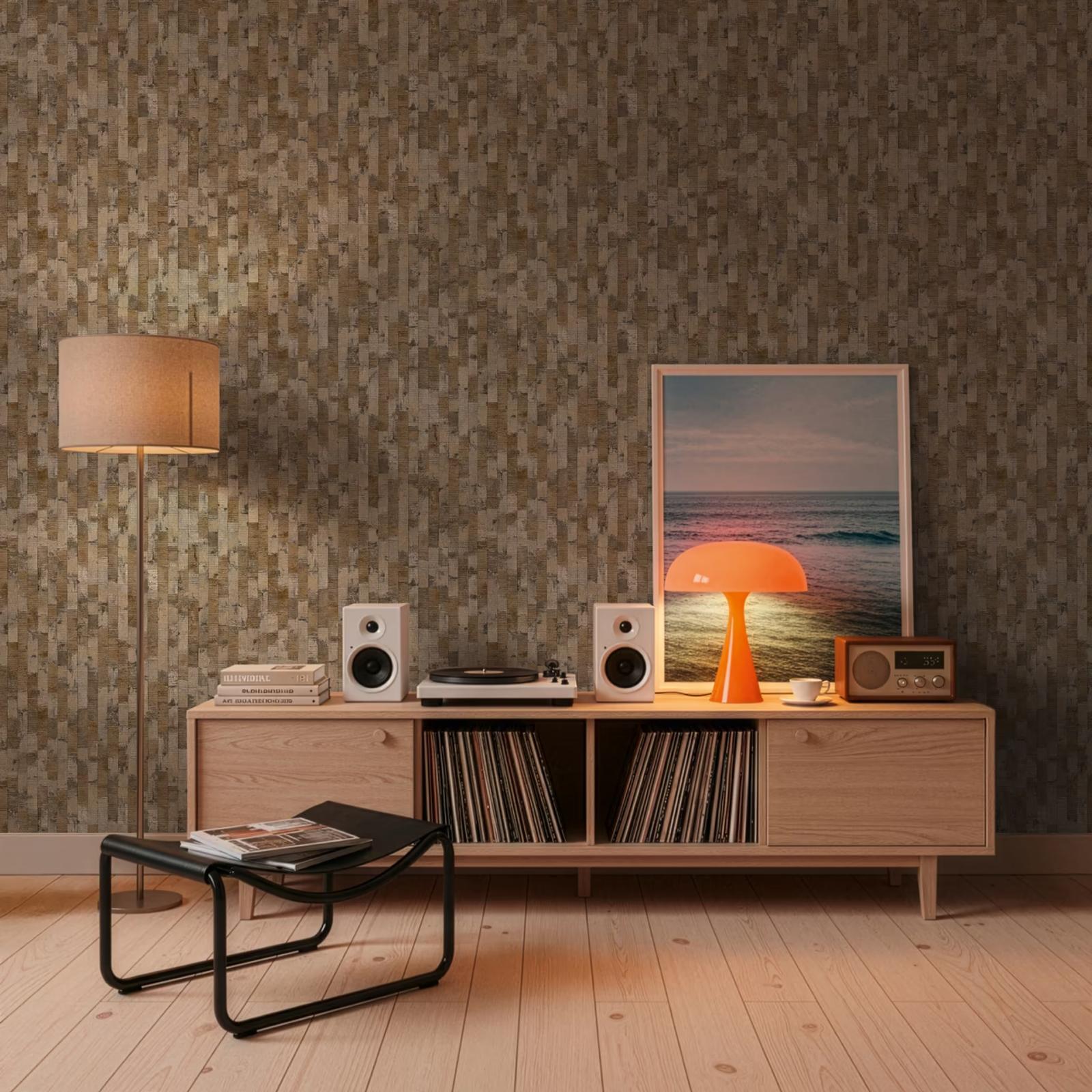 Rust Stack wallpaper behind a record console and speakers