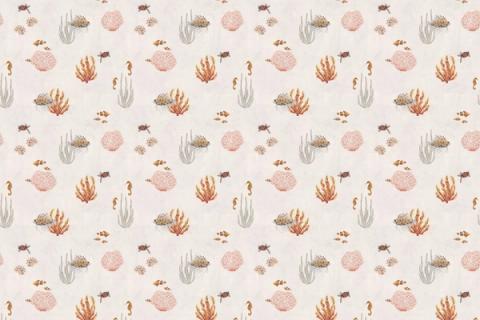 Corals, shells and little fish scattered like a pressed-seaweed study, here on a clean white ground. As a true repeat it tiles to fit any wall, whether as an all-over nursery paper or a single feature panel.