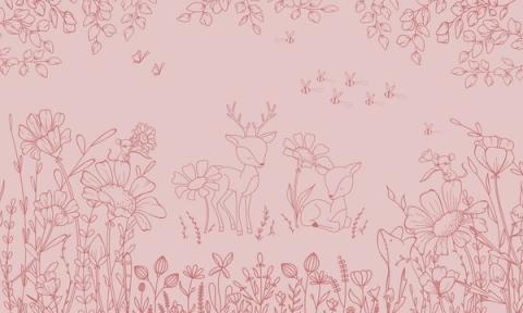 Fine white line drawings of deer, wildflowers and bees across a soft ground.