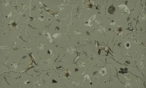 Foxes, owls and little birds scattered among fine branches and wildflowers in a light, hand-drawn all-over design. Shown as a single-tone print in sage green. Even and delicate across the wall, it dresses a room without crowding it.