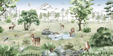 Deer gather by a pond in a soft green summer forest, with rabbits and birds among the leaves. A quiet woodland scene that feels cool and calm.