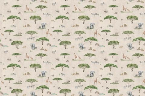 Acacia trees, giraffes and savannah animals in a warm scene, here on a sandy ground. As a true repeat it tiles to fit any wall, whether as an all-over nursery paper or a single feature panel.