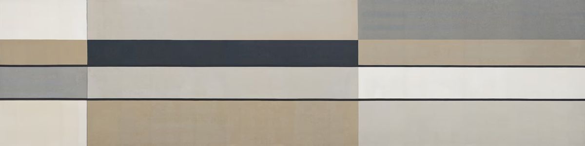 Wide horizontal bands of sand, stone, grey and cream, cut by one dark navy line