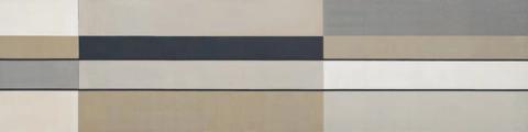 Fine horizontal stripes run the full width in sand, stone and pale blue, anchored by one dark navy band. Hung wide it reads almost like a horizon seen through half-closed eyes.