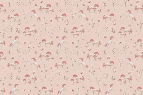 Unicorns among flowers and stars in a gentle design, here on a dusky pink ground. As a true repeat it tiles to fit any wall, whether as an all-over nursery paper or a single feature panel.