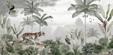 A tiger walks the edge of a jungle clearing, a toucan overhead and palms rising into a pale, misty sky. Muted greens throughout, so the animal reads as calm rather than dramatic.