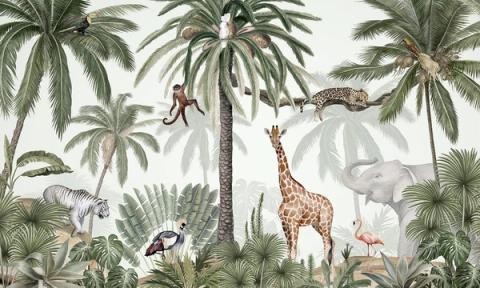 Palms, a giraffe, an elephant and a monkey among layered tropical greenery. Lush and lively, a friendly jungle wrapped in soft green.