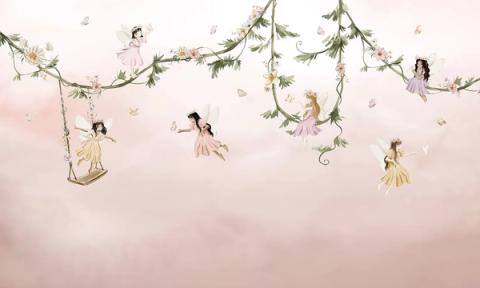 Flower fairies drift along a blossoming vine in a soft blush sky.