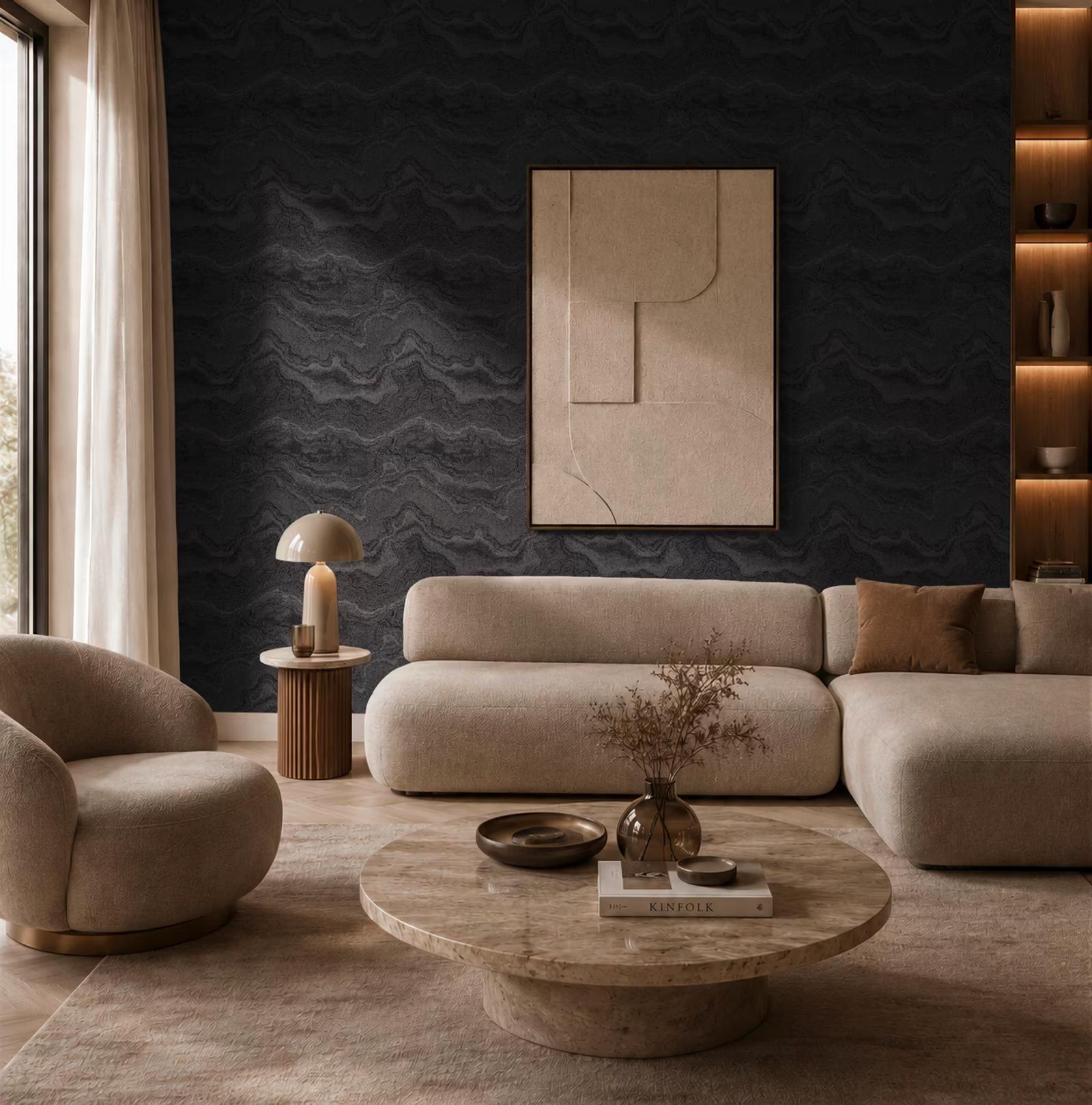 Onyx Agate wallpaper in a living room with a curved bouclé sofa