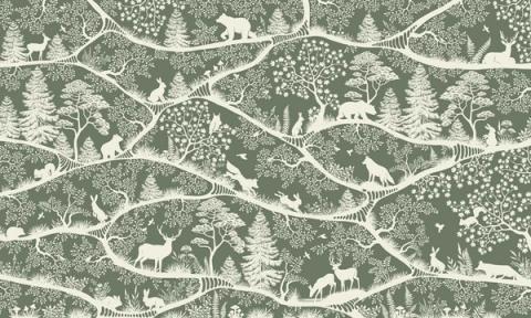 Deer, bears and foxes in fine silhouette along winding branches.