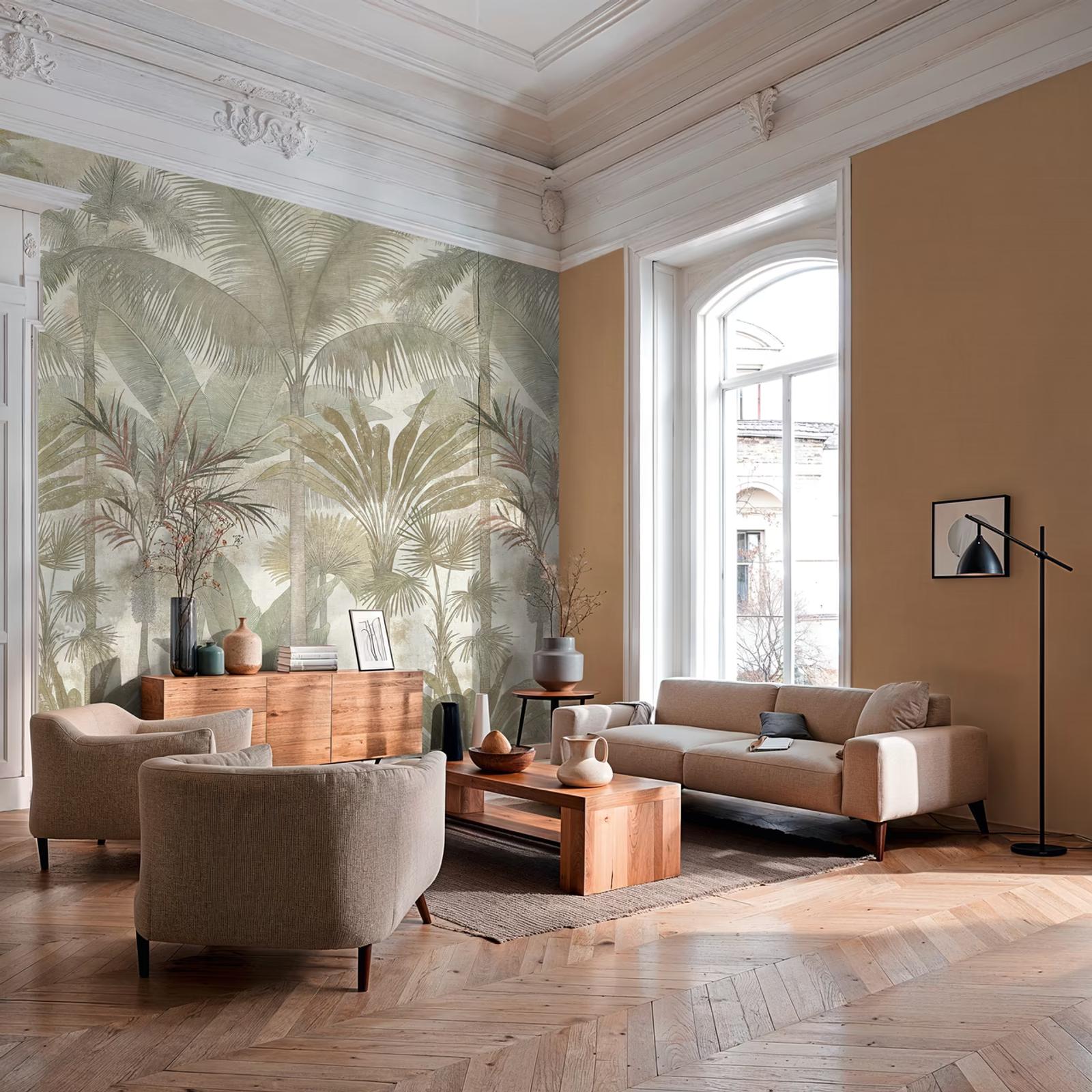 Cream Jungle wall panel in a herringbone-floored living room