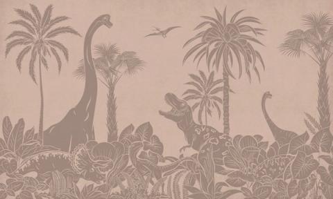 Long-necked dinosaurs wander among tall palms and ferns, drawn as a soft tonal silhouette that fades from a deeper sky into a paler foreground. Printed in a muted, vintage pink. A calm, graphic take on a prehistoric world — grown-up enough to outlast the dinosaur years.