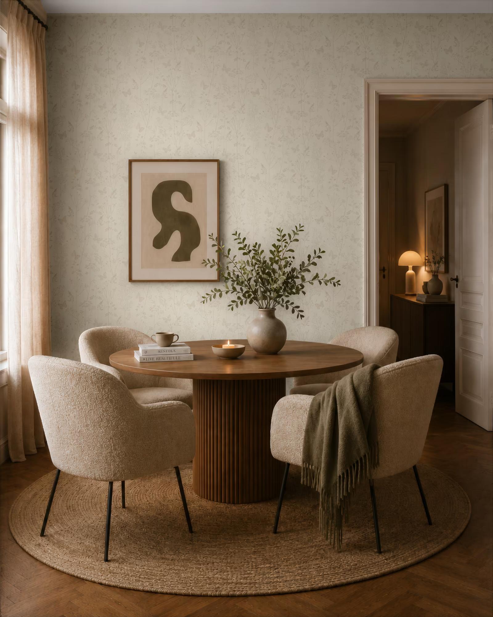 Ivory Papillon wallpaper in a dining room with bouclé chairs