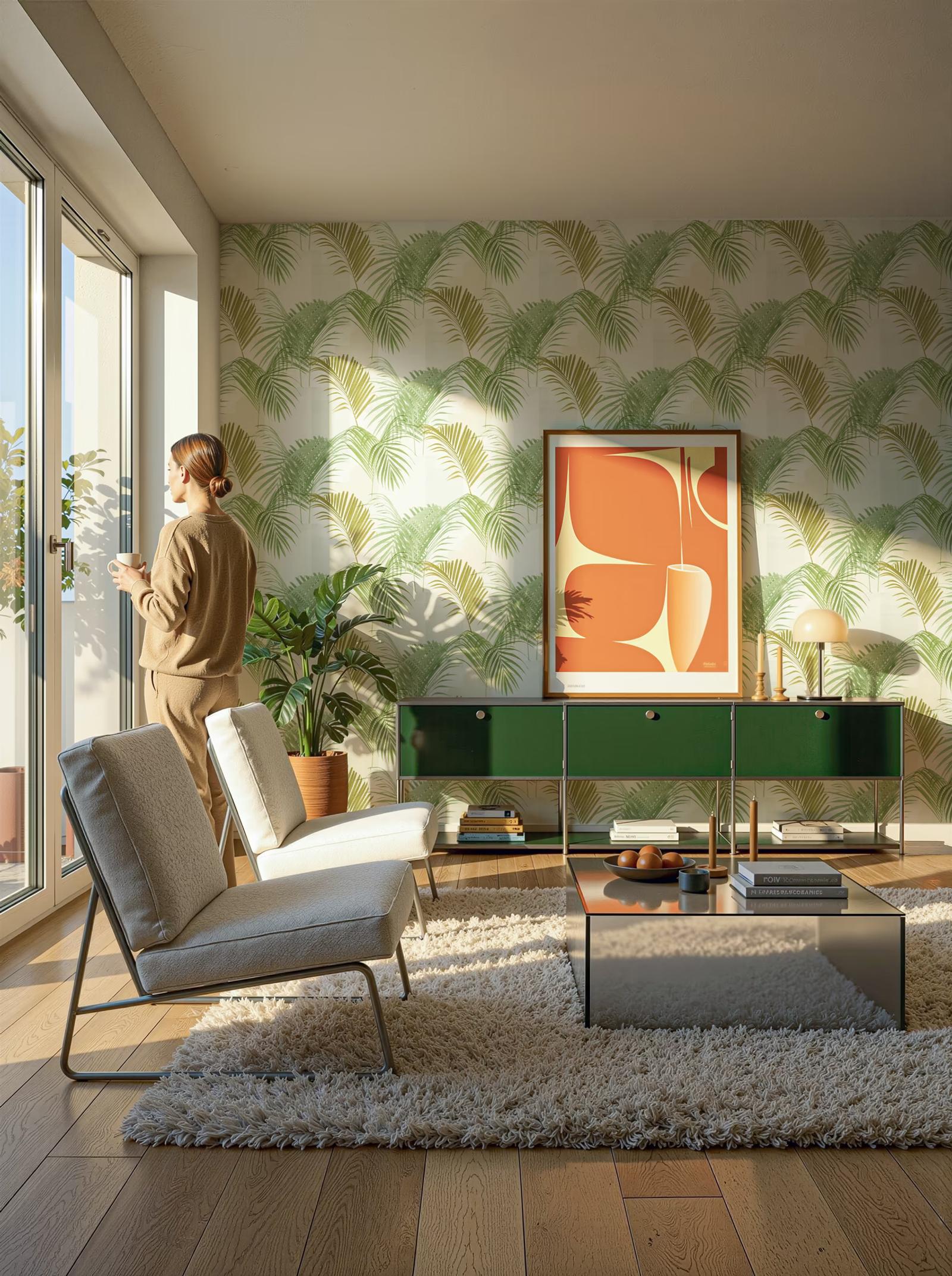 White Palm wallpaper in a living room with a green lacquer sideboard