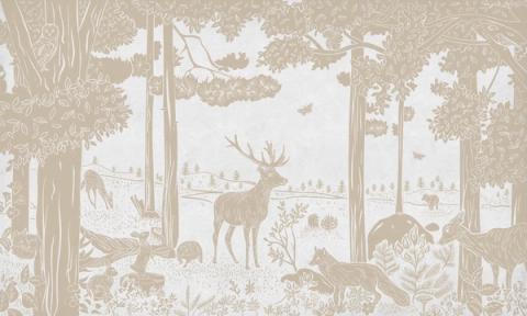 A quiet forest of slender trees with a stag at its heart and small animals in the undergrowth, printed as a single gentle tone. Printed in a muted, vintage white. The soft, almost misty finish keeps a whole wall feeling restful rather than busy.