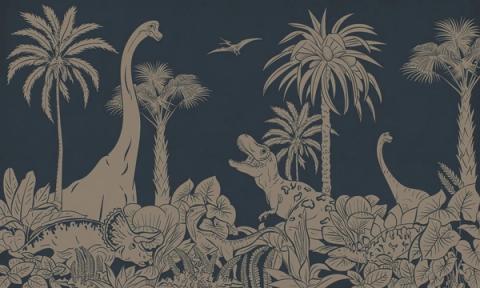 Long-necked dinosaurs wander among tall palms and ferns, drawn as a soft tonal silhouette that fades from a deeper sky into a paler foreground. Printed in a muted, vintage blue. A calm, graphic take on a prehistoric world — grown-up enough to outlast the dinosaur years.